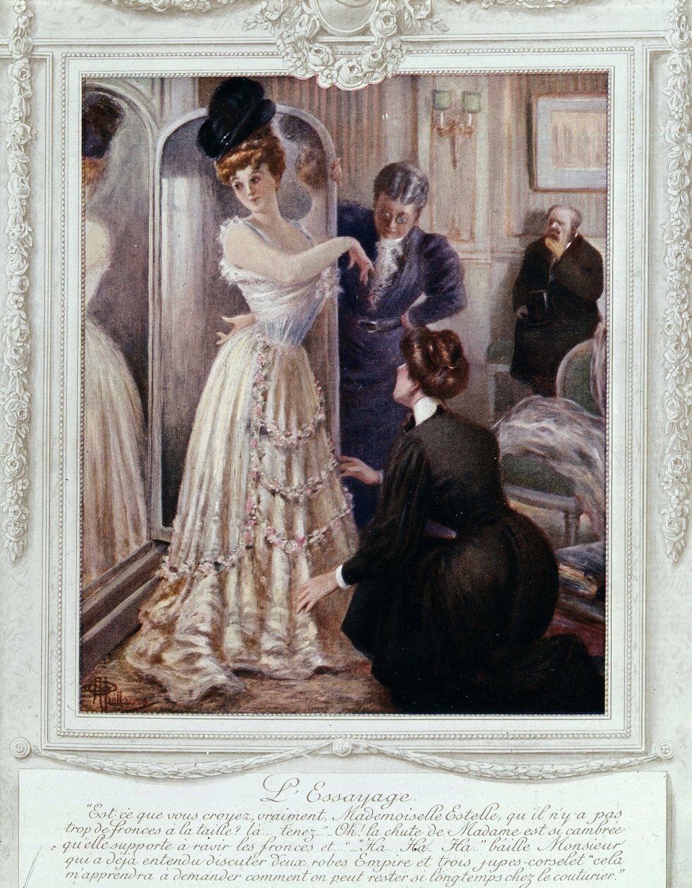 Passande scen hos couturier, av Albert Guillaume (1873-1942), ca. 1895 av Albert Guillaume