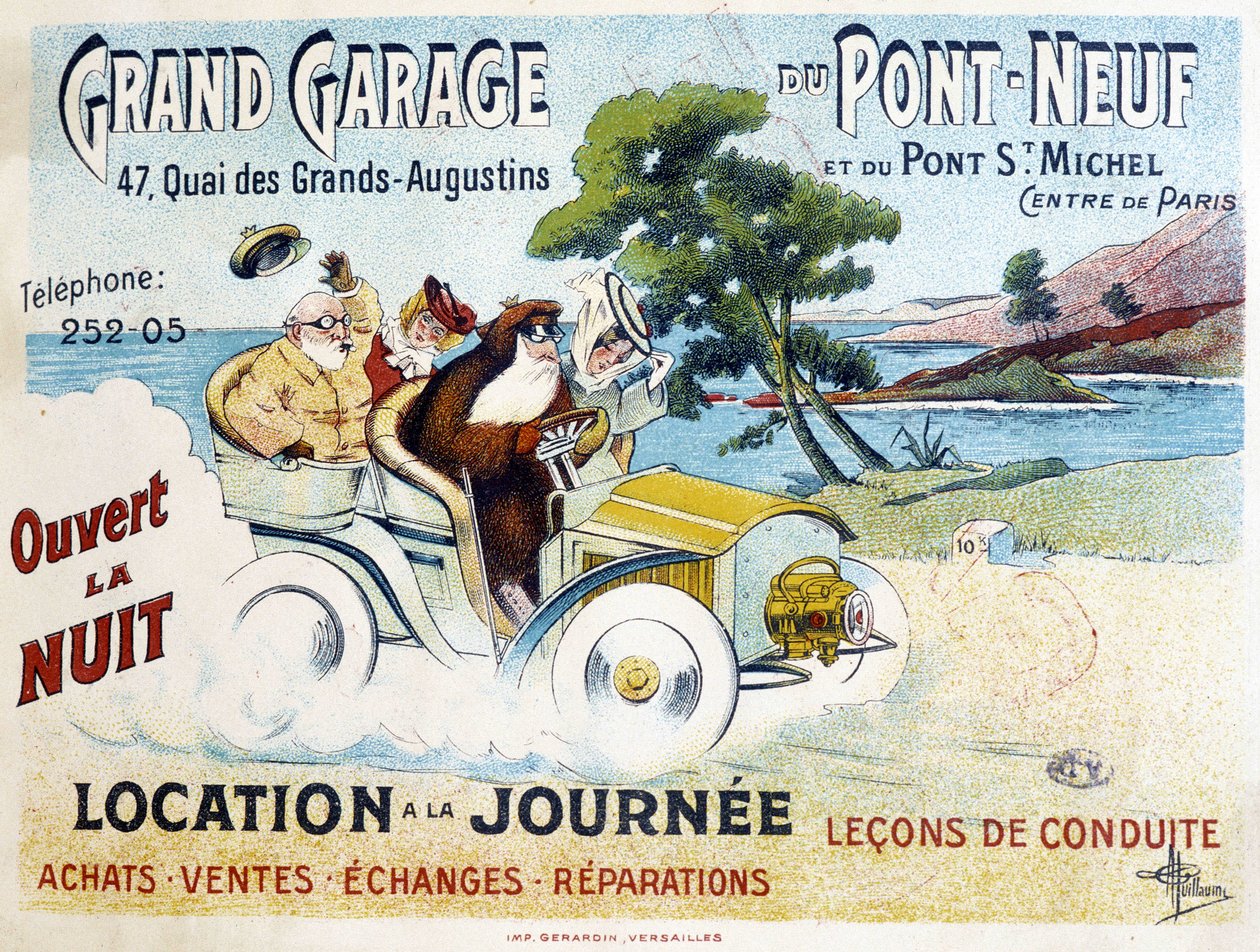 Grand Garage du Pont-Neuf: uthyrning, körlektioner, köp, försäljning, reparationer - Reklamaffisch av Albert Guillaume (1873-1942), cirka 1900 av Albert Guillaume