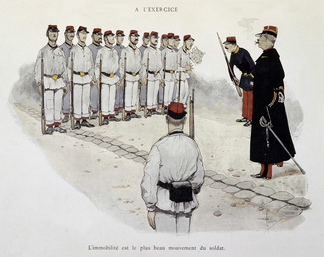 I övningen: immobilisering är soldatens vackraste rörelse - Armeen sett av Albert Guillaume (1873-1942), cirka 1900 av Albert Guillaume