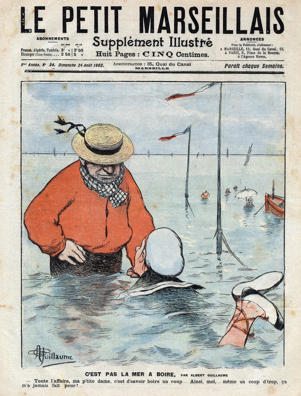 Liten komisk scen som visar en dam som lär sig simma under ögat på en annan simmare, drinkälskare. Illustration av Albert Guillaume från "" Le petit Marseillais"" 24/08/1902 av Albert Guillaume