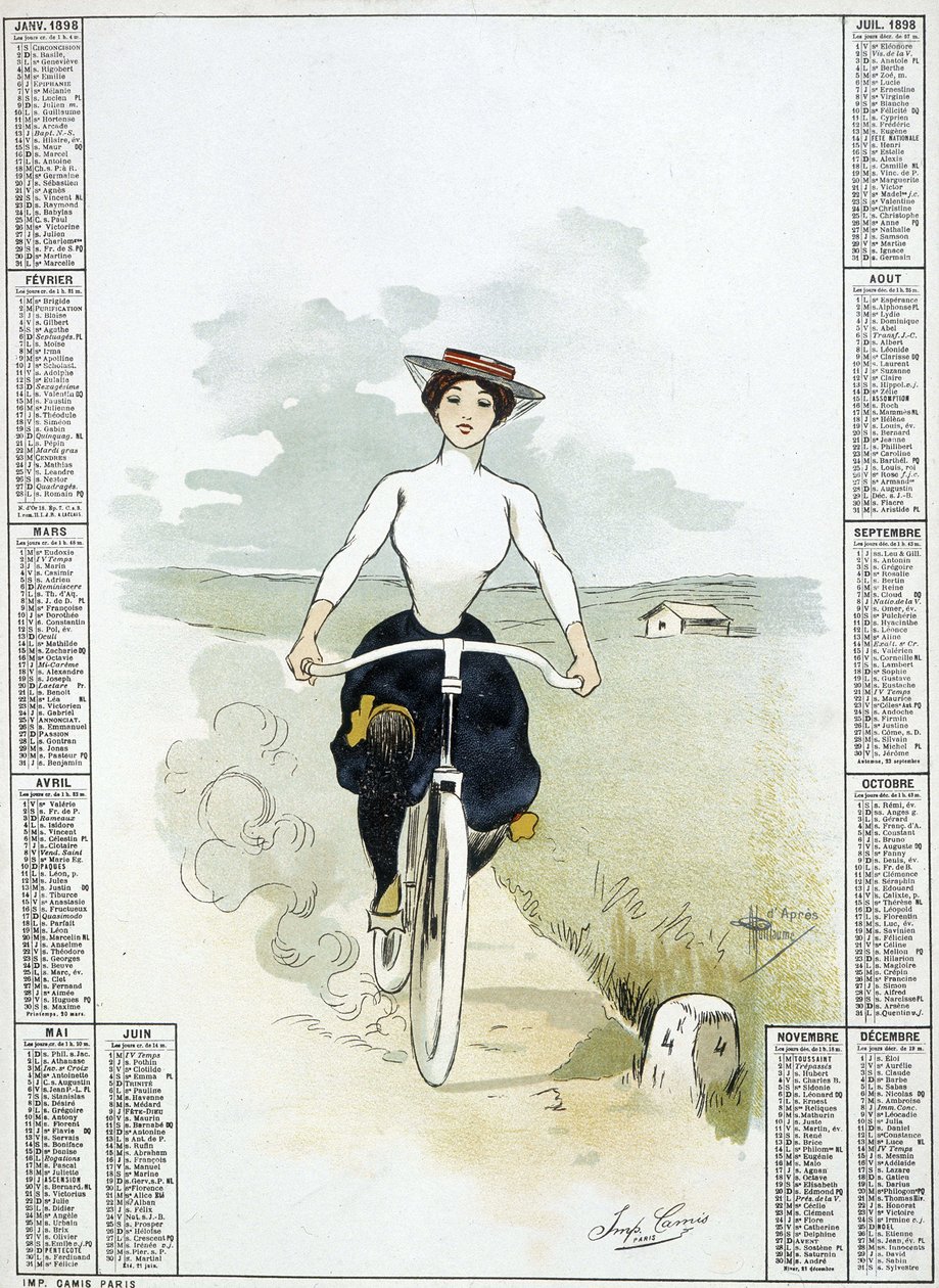 Kvinna på en cykel - teckning av Guillaume, kalender av Albert Guillaume