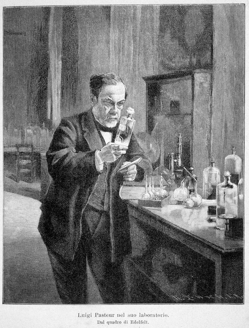 Louis Pasteur i sitt laboratorium enligt målningen av edelfelt av Albert Gustaf Aristides (after) Edelfelt
