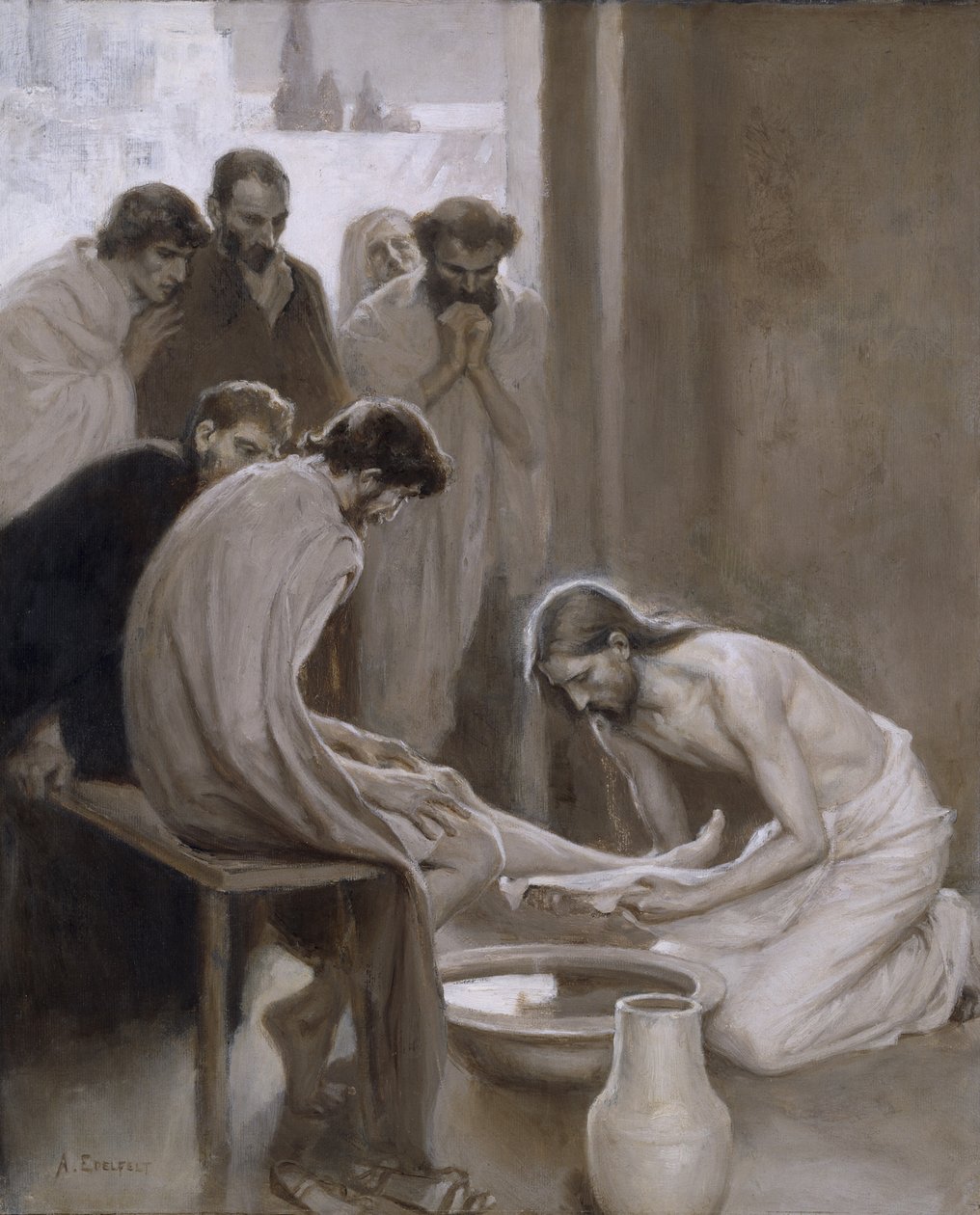 Jesus Washing the Feet of his Disciples, 1898 (olja och grisaille på papper) av Albert Gustaf Aristides Edelfelt