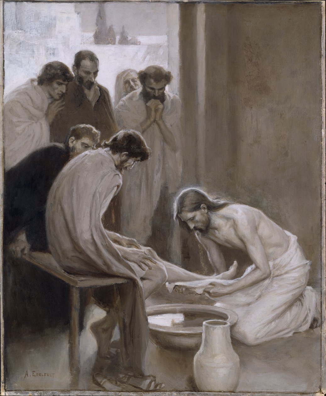 Kristus tvättar sina lärjungars fötter - Kristus tvättar lärjungarnas fötter, av Edelfelt, Albert Gustaf Aristides (1854-1905). Grisaille av Albert Gustaf Aristides Edelfelt