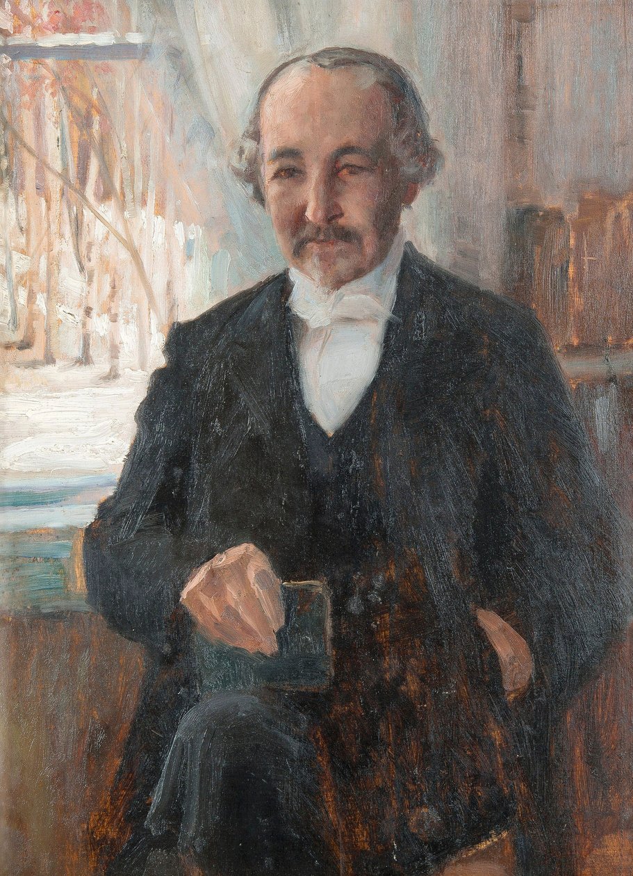 Porträtt av poeten Zacharias (Sacharias) Topelius (1818-1898) par Edelfelt, Albert Gustaf Aristides (1854-1905), - Olja på kartong, 41x30 - Privat samling av Albert Gustaf Aristides Edelfelt