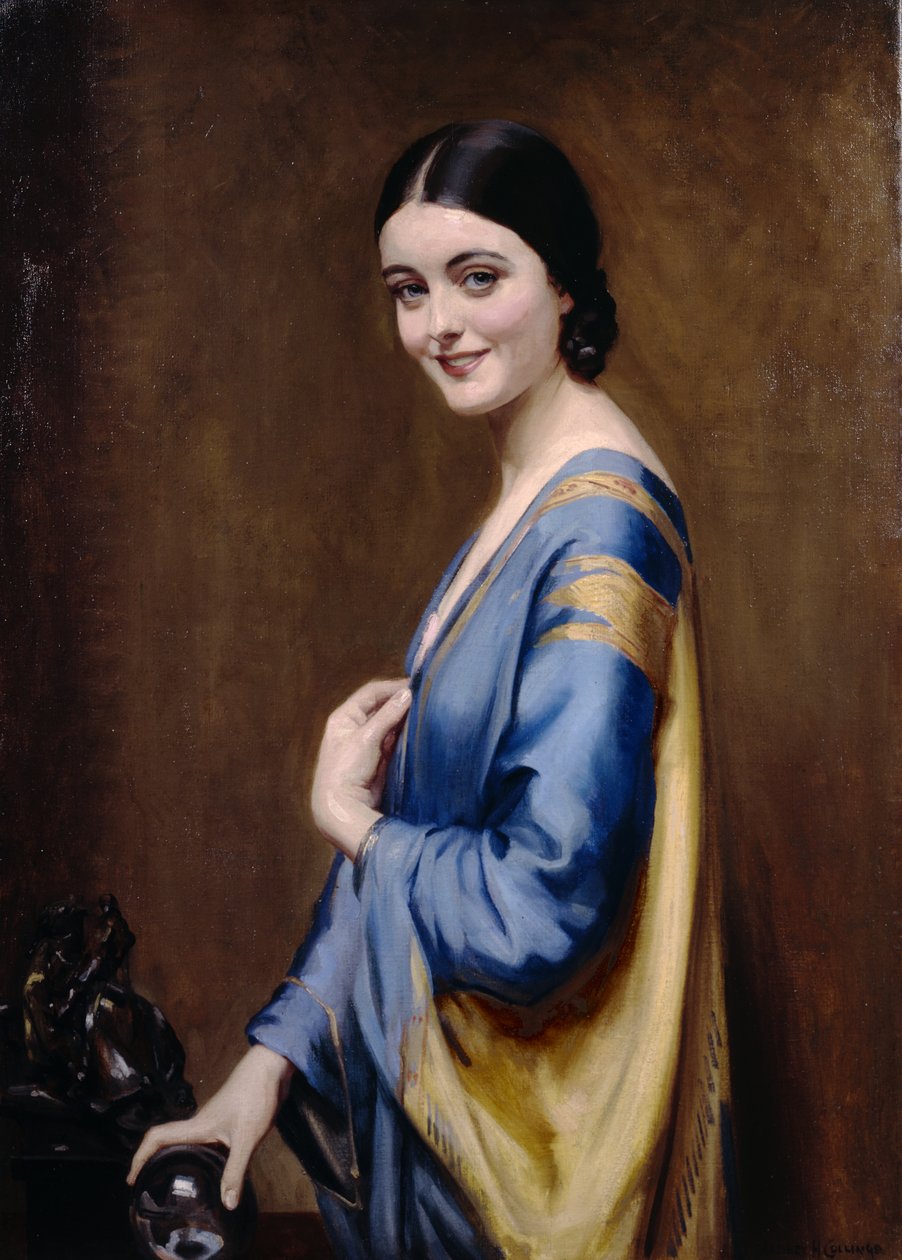 Blå och guldklänning (olja på duk) av Albert Henry Collings