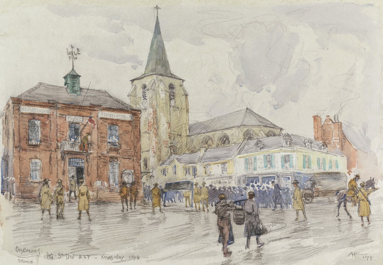 Oisemont, 3:e divisionens högkvarter, 1918 (wc und gouache med kol på papper) av Albert Henry Fullwood