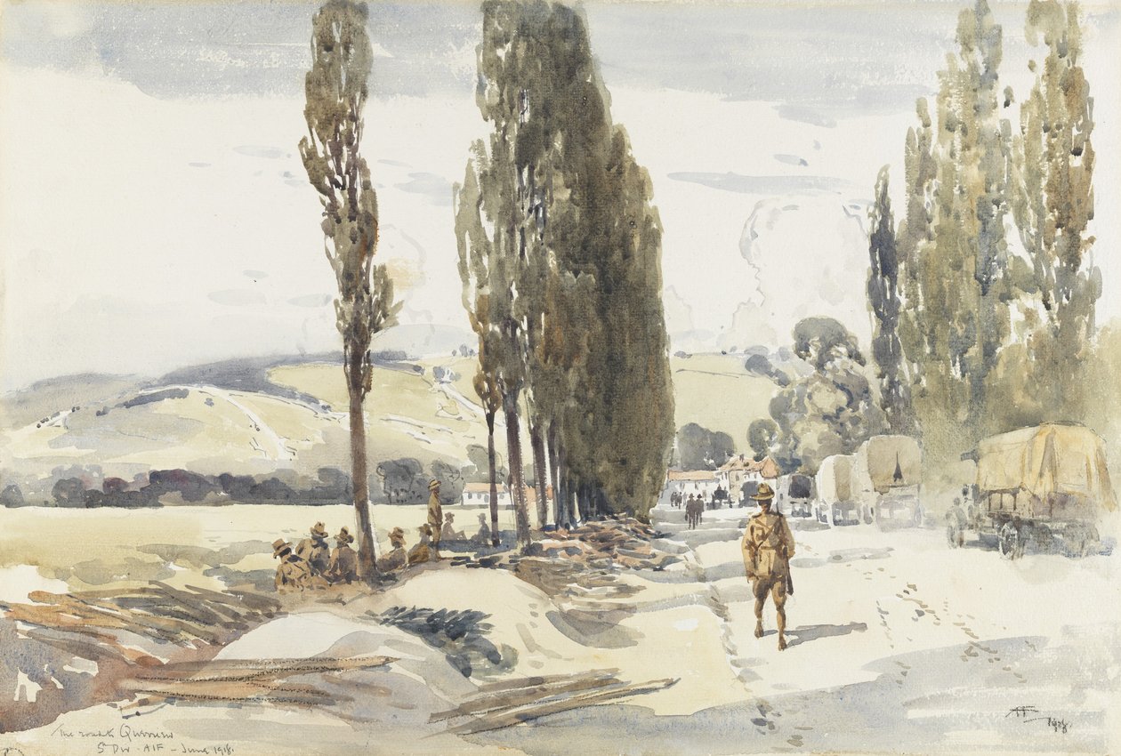 Road to Querrieu, 1918 (wc med penna och kol på papper) av Albert Henry Fullwood