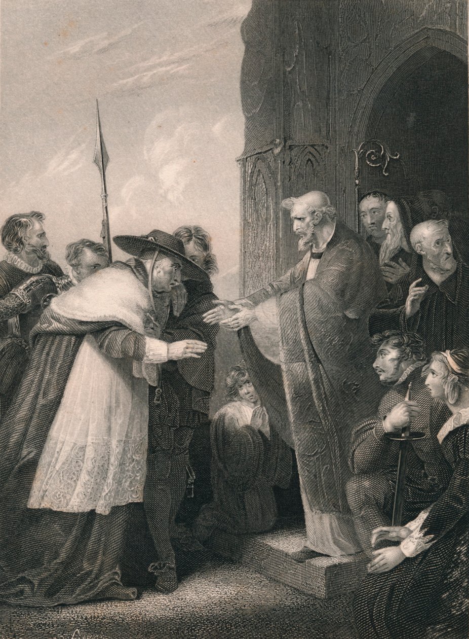 Kardinal Wolsey kommer in i Abbey of Leicester, 1530, mitten av 1800-talet. av Albert Henry Payne