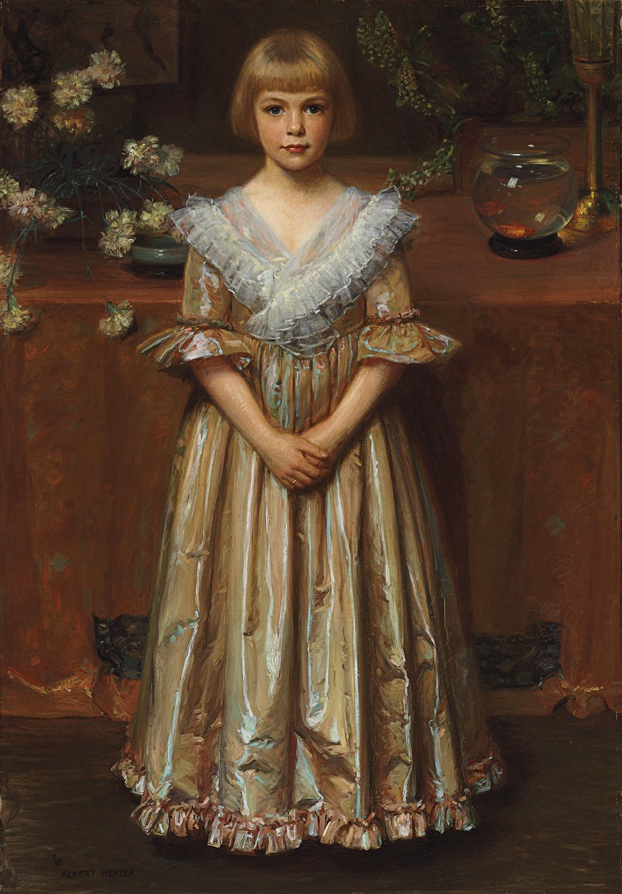 Flicka med en guldfiskskål (olja på duk) av Albert Herter