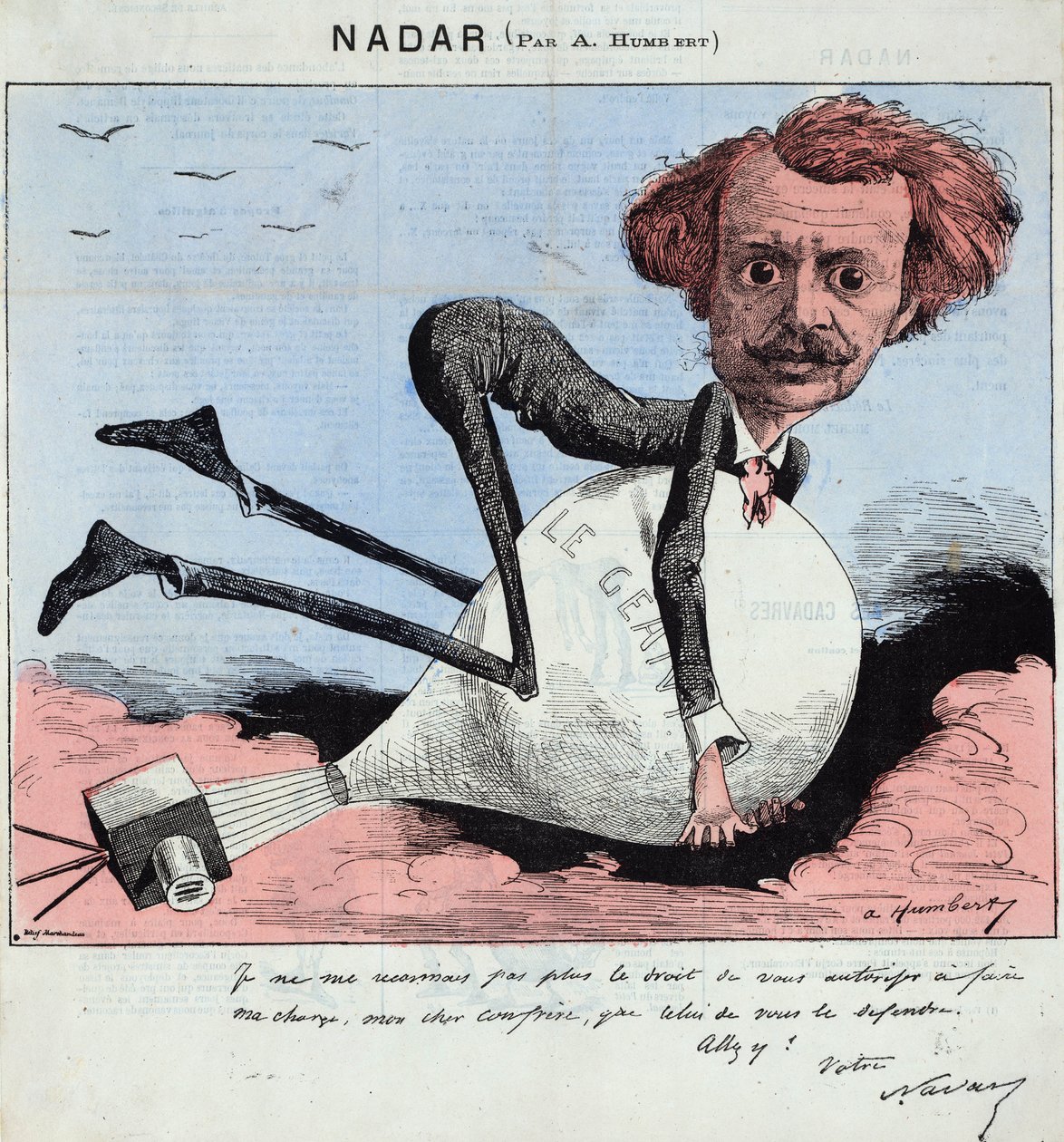 tecknad film föreställande Nadar och hans varmballong, ca 1863 (litografi) av Albert Humbert