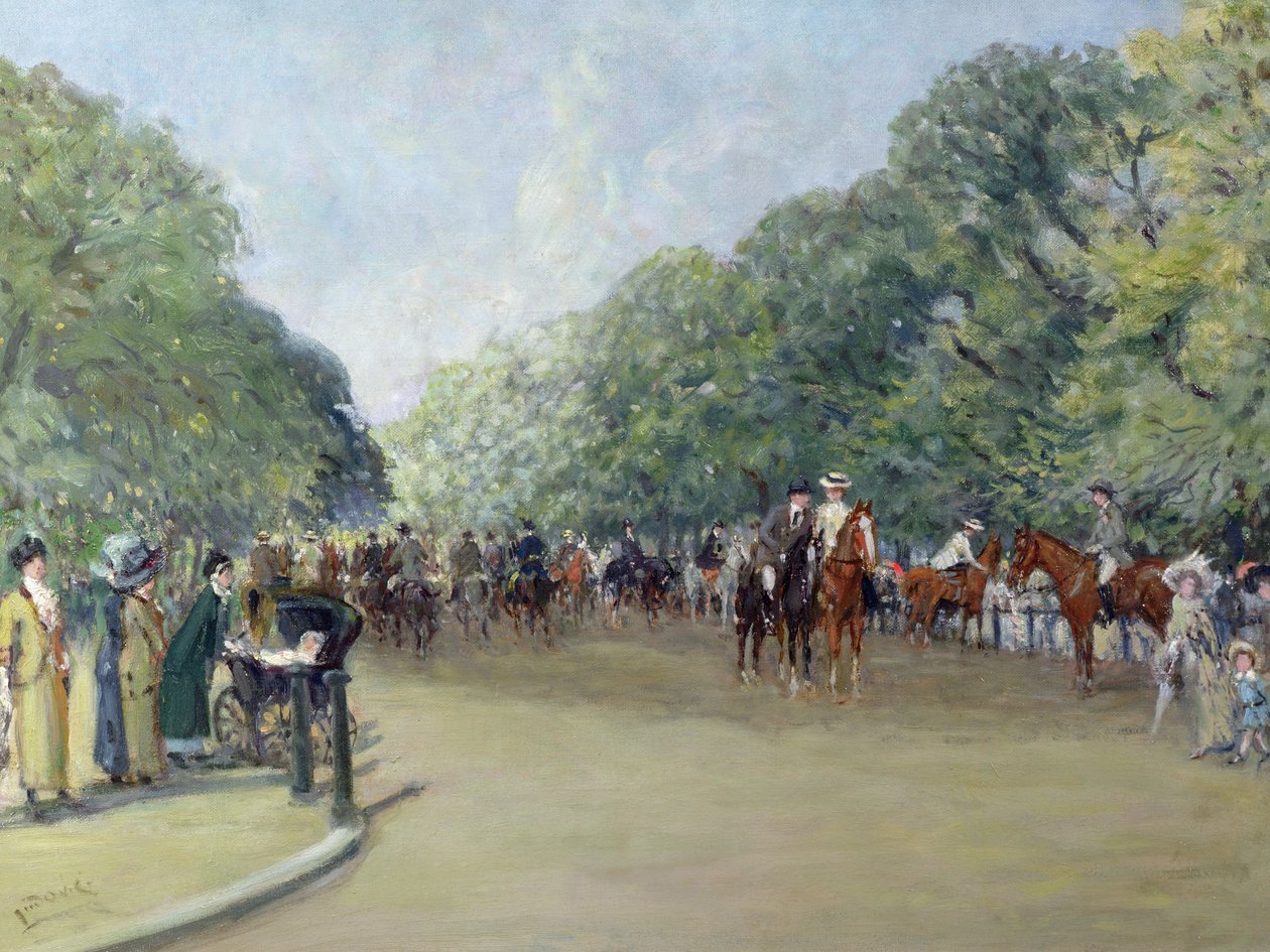 Vy över Hyde Park med figurer på Rotten Row av Albert Jnr. Ludovici