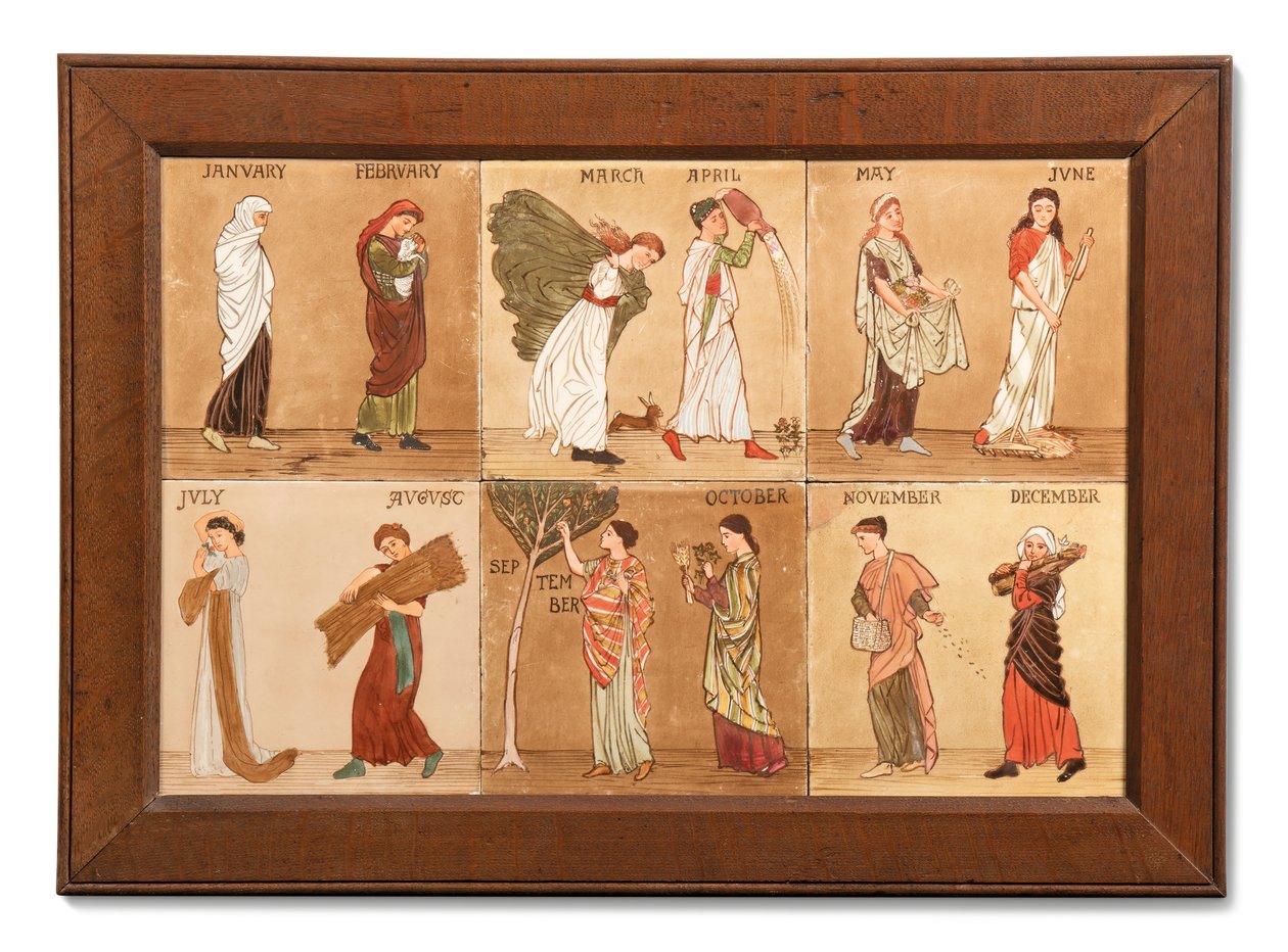 Sex Minton Hollis & Co-plattor som representerar månaderna, ca 1880-99 (målad keramik) av Albert Joseph (attr.to) Moore