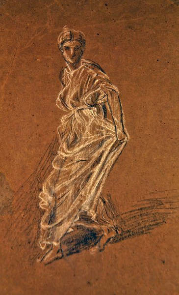 Studie av en flicka som kliver fram och bär en lång klänning, ca 1870 (svartvit krita på brunt papper) av Albert Joseph Moore