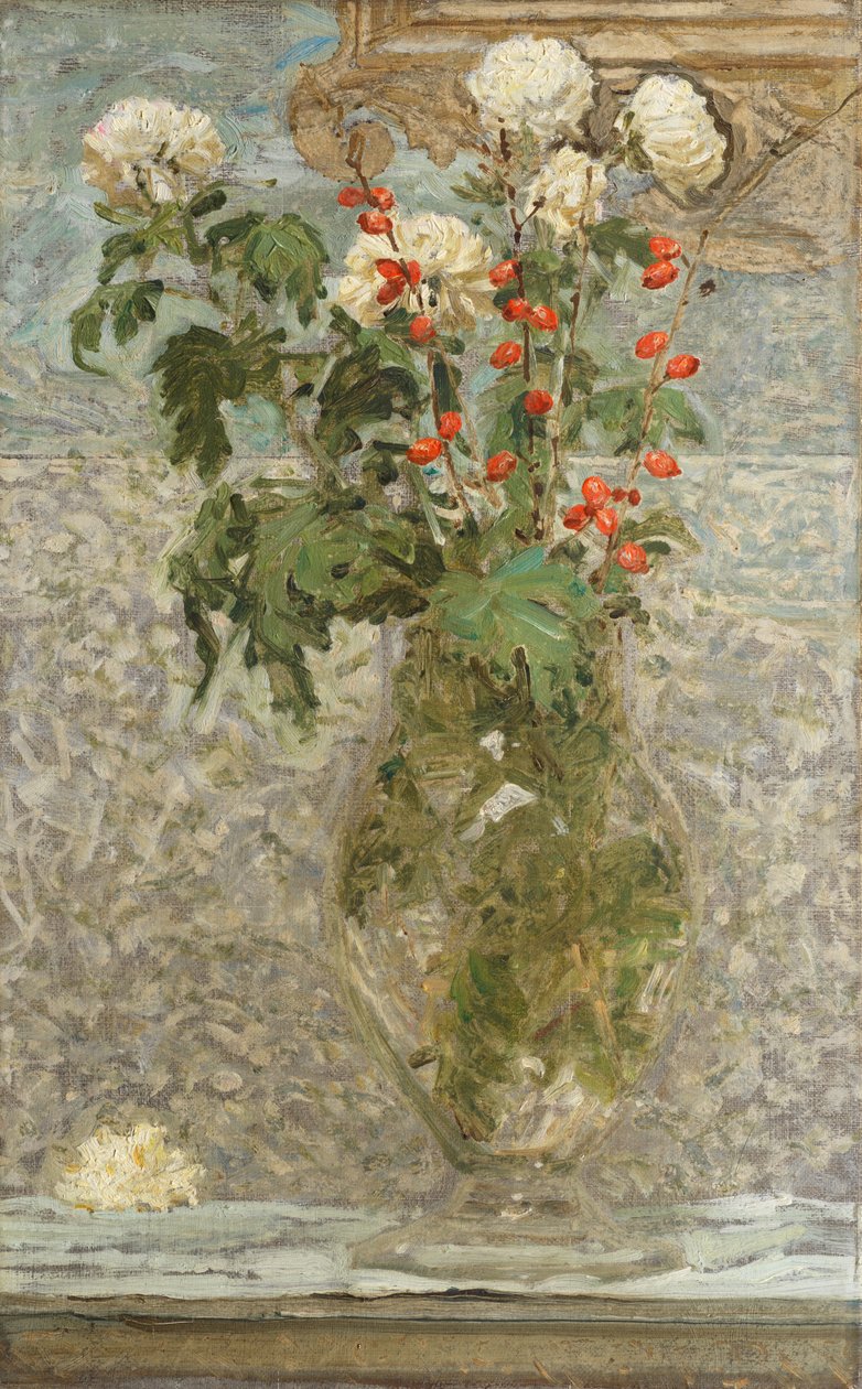 Vita krysantemum och röda bär (olja på duk) av Albert Joseph Moore