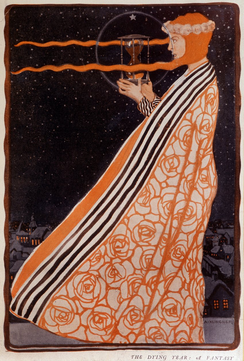 En kvinna som håller ett timglas, sd. tidigt 1900-tal. Illustration av Klingner Albert (1869-1912) av Albert Klingner