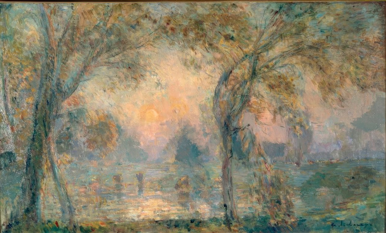 Soluppgång på dammen, höstmorgon i Hondouvill av Albert Lebourg