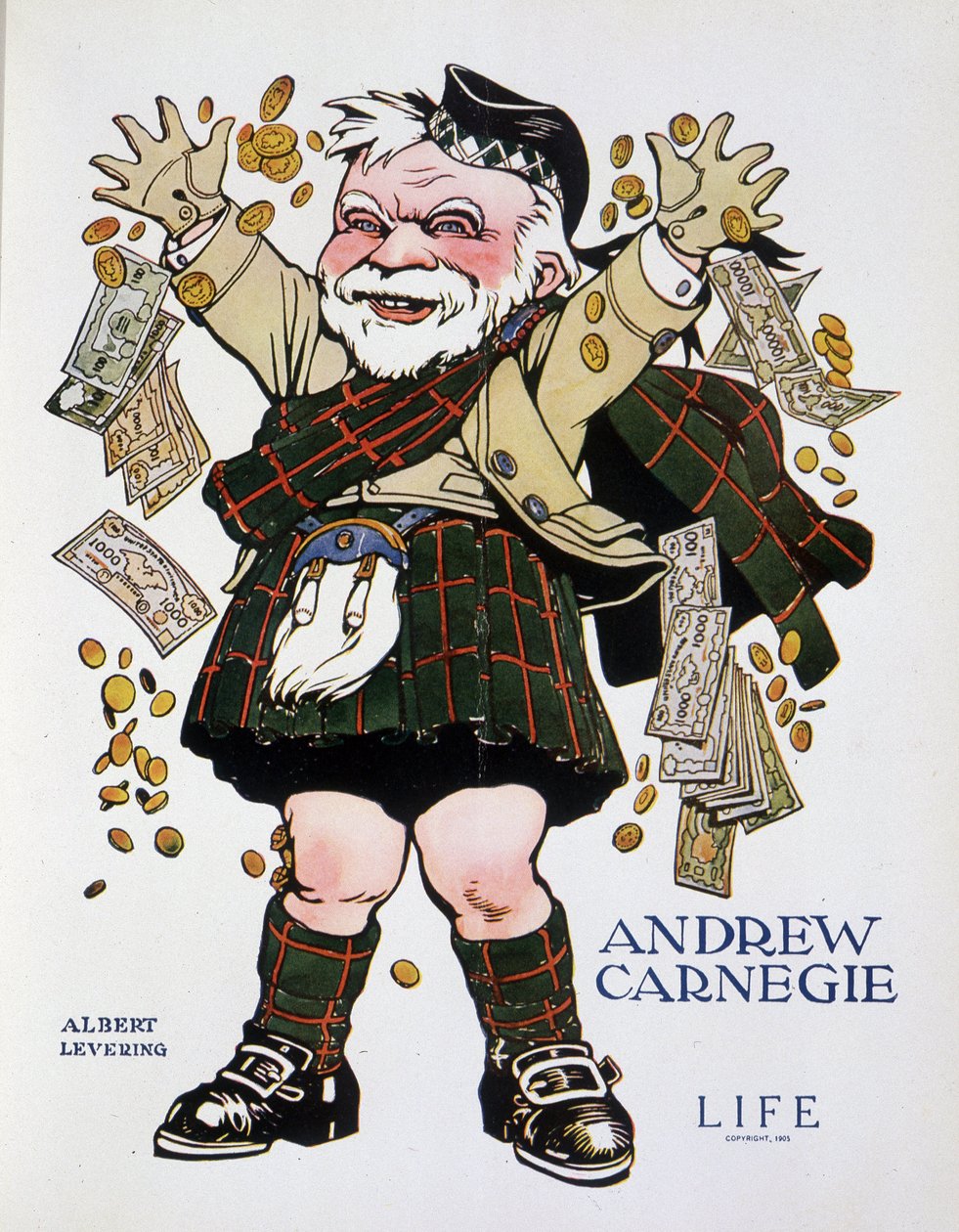 Charge-porträtt av Andrew Carnegie i rutig kostym och kastar pengar - av Albert Levering (1869-1929), i "" Life"" från 1905-04-13 av Albert Levering