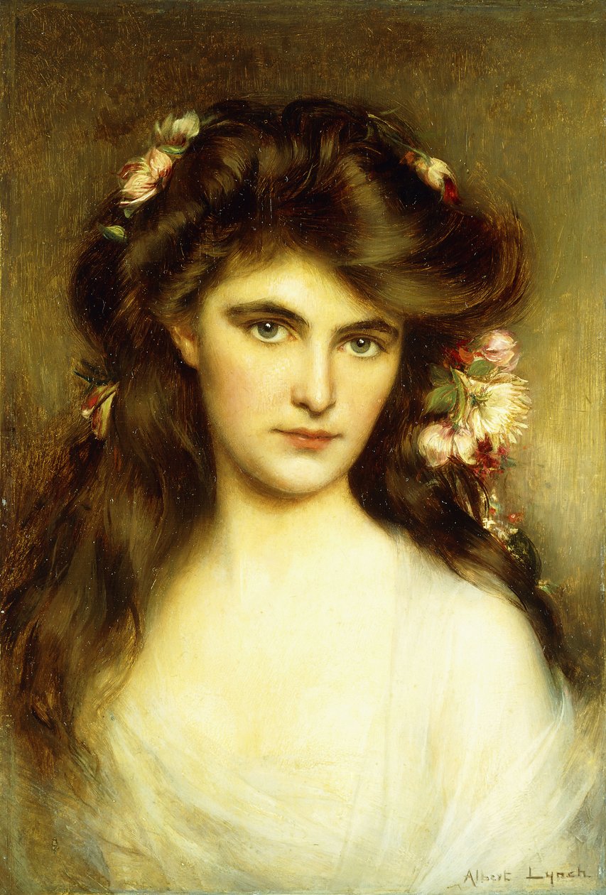 En ung skönhet med blommor i håret, av Albert Lynch
