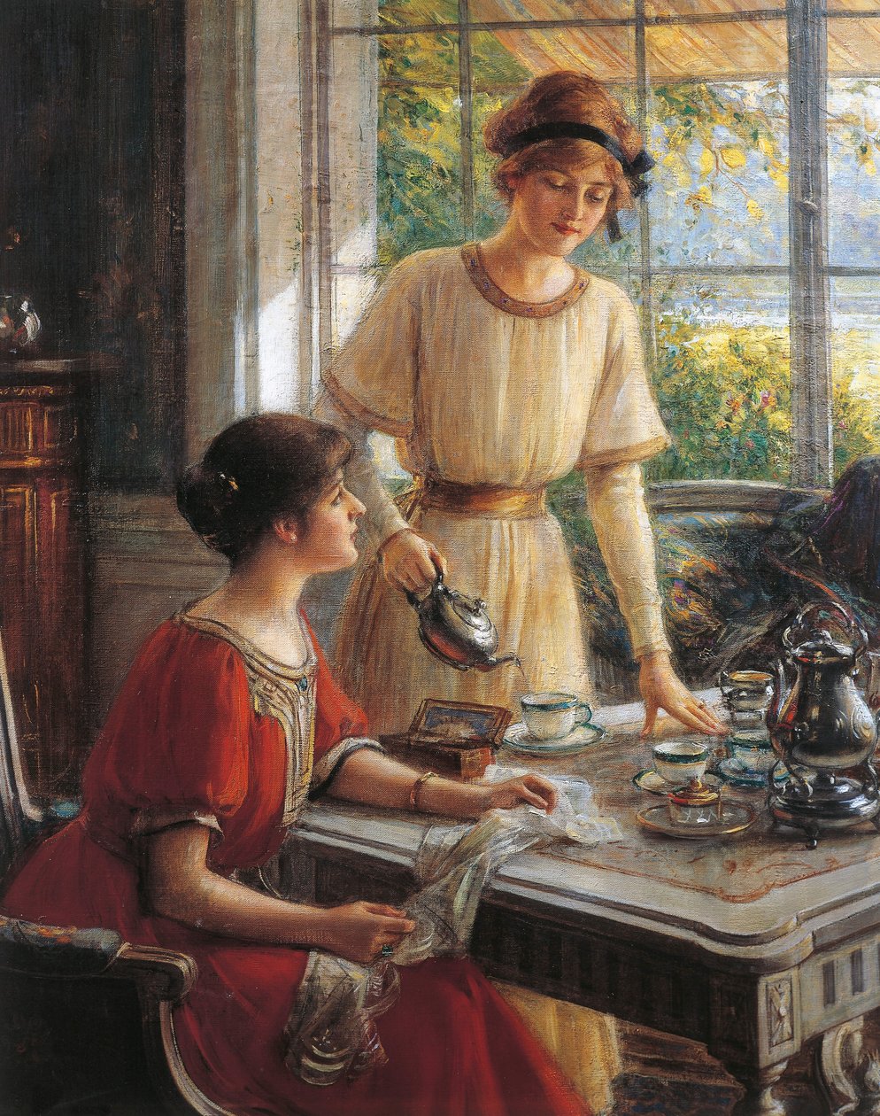 Detalj från Women having tea, av Albert Lynch (1851-1912) av Albert Lynch
