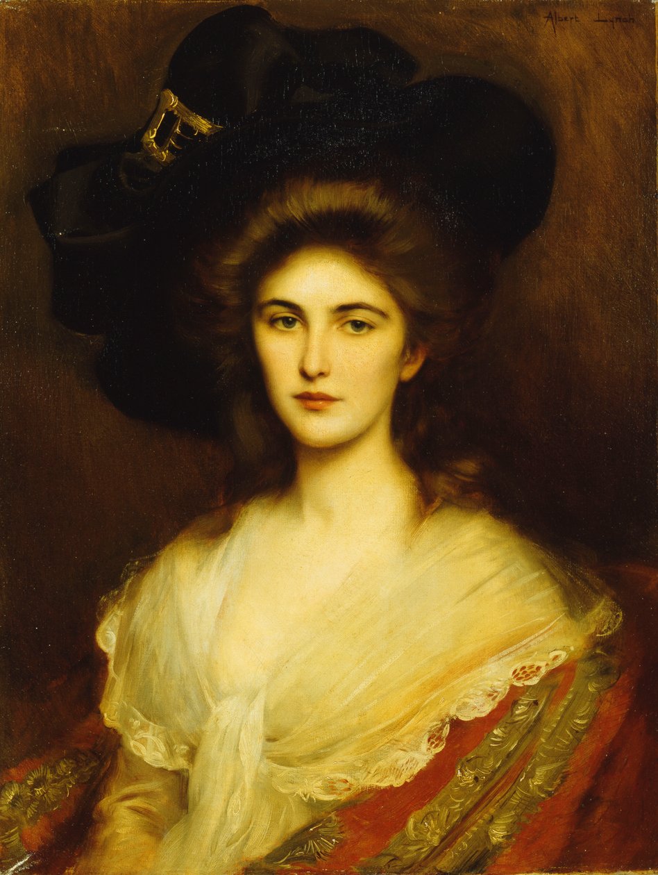 Porträtt av en elegant dam i en svart hatt, av Albert Lynch