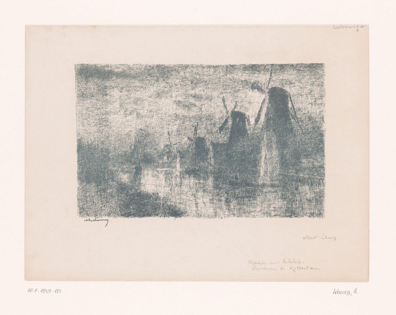 Väderkvarnar på Schie nära Rotterdam Moulins sur la Schie (titel på objekt) av Albert Marie Lebourg