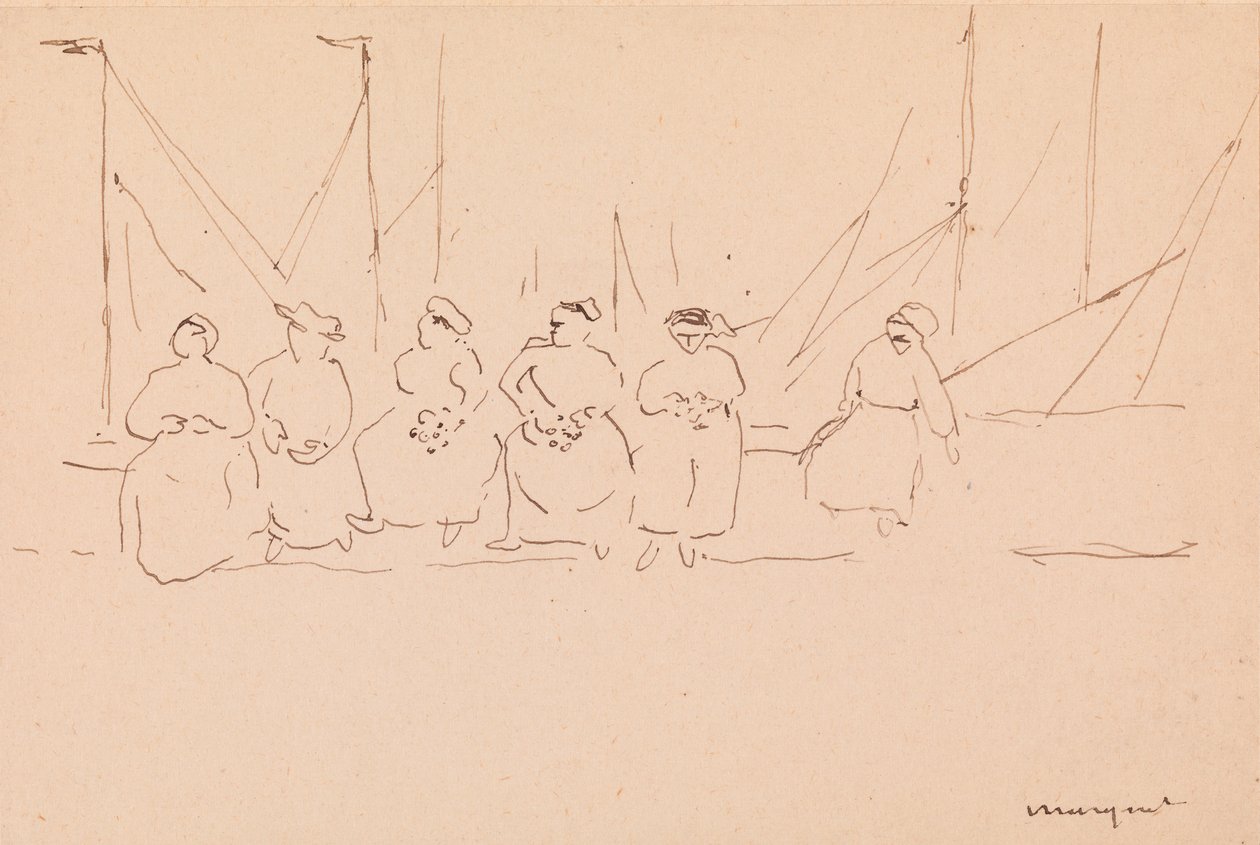 Six Women on a Wharf (penna och bläck på papper) av Albert Marquet