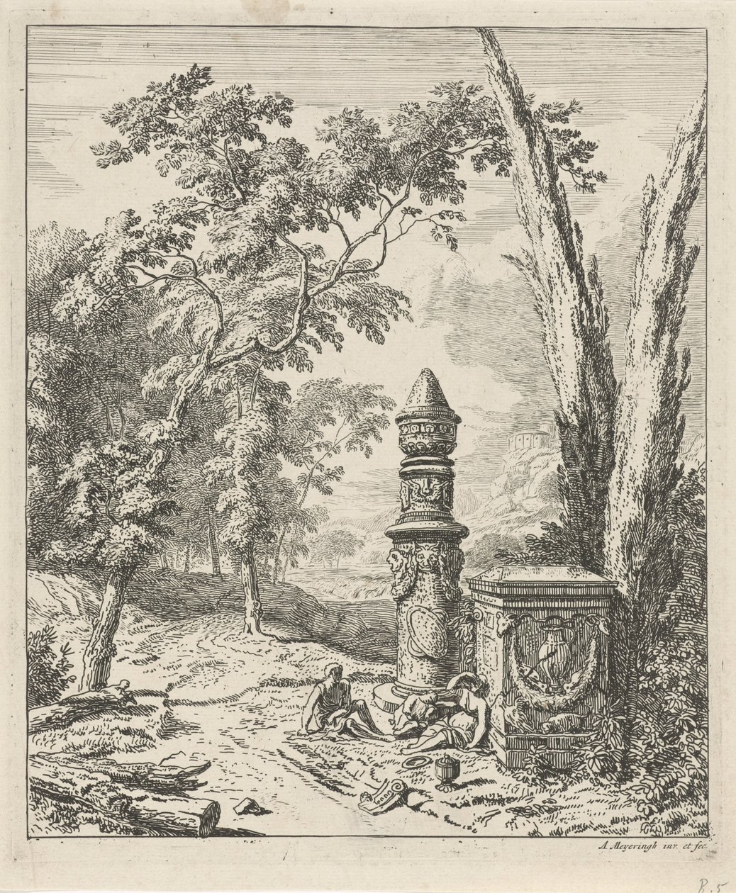 Landskap med vilande figurer vid ett begravningsmonument Landskap (serietitel) av Albert Meyering