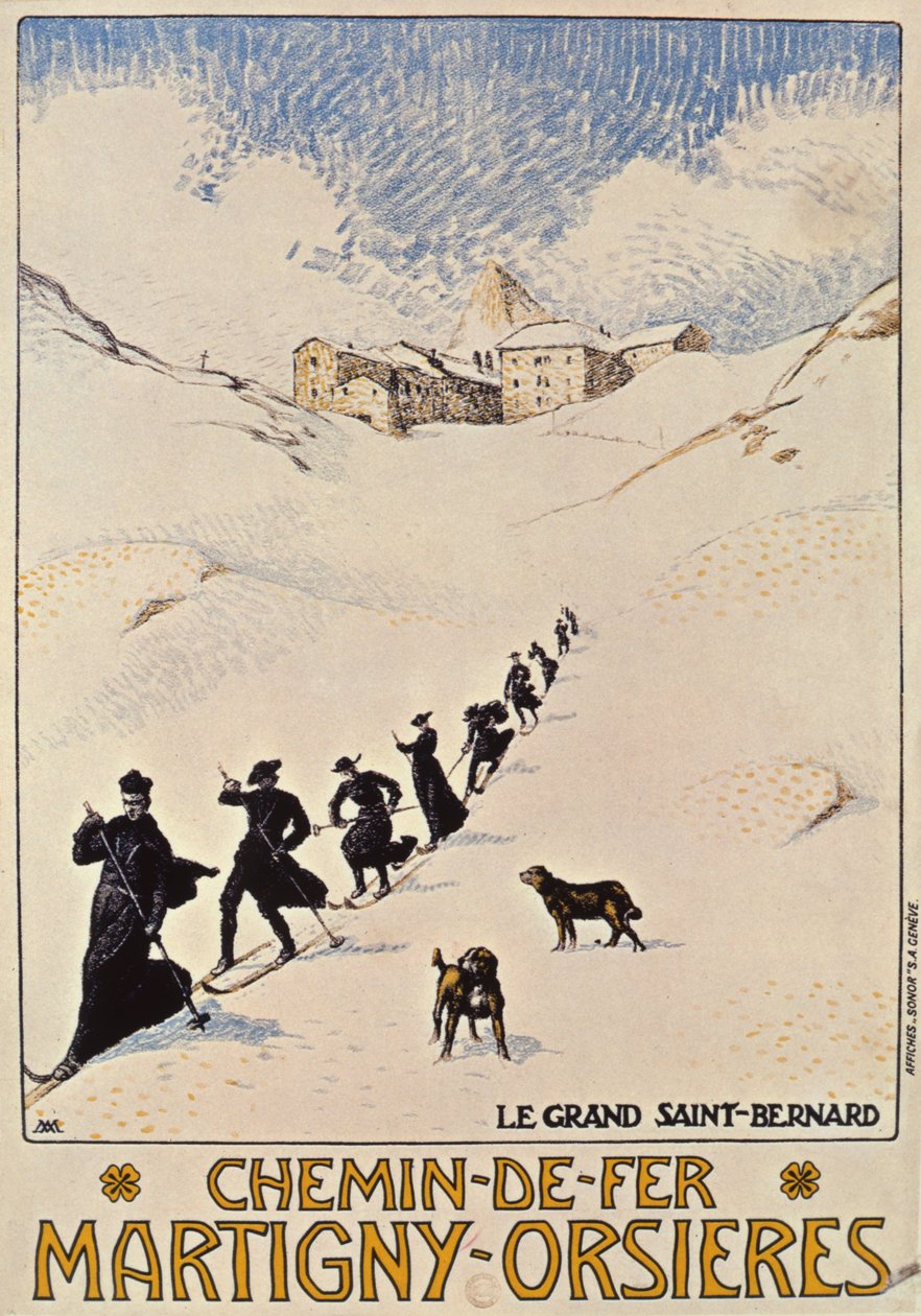 Affisch med reklam för den franska järnvägen från Martigny till Orsieres, 1913 av Albert Muret