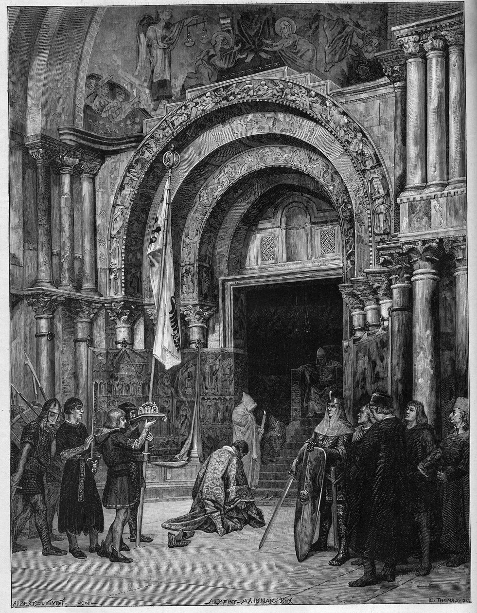 Frederic Barberose vid påvens fötter. Kejsar Fredrik I av Hohenstaufen (1122-1190) böjer sig ner för påven Alexander III (1105-1181) som väntar honom under St. Markus (San Marco) port i Venedig 1177. Gravyr efter en målning av Albert Maignan (1) av Albert Pierre René (after) Maignan