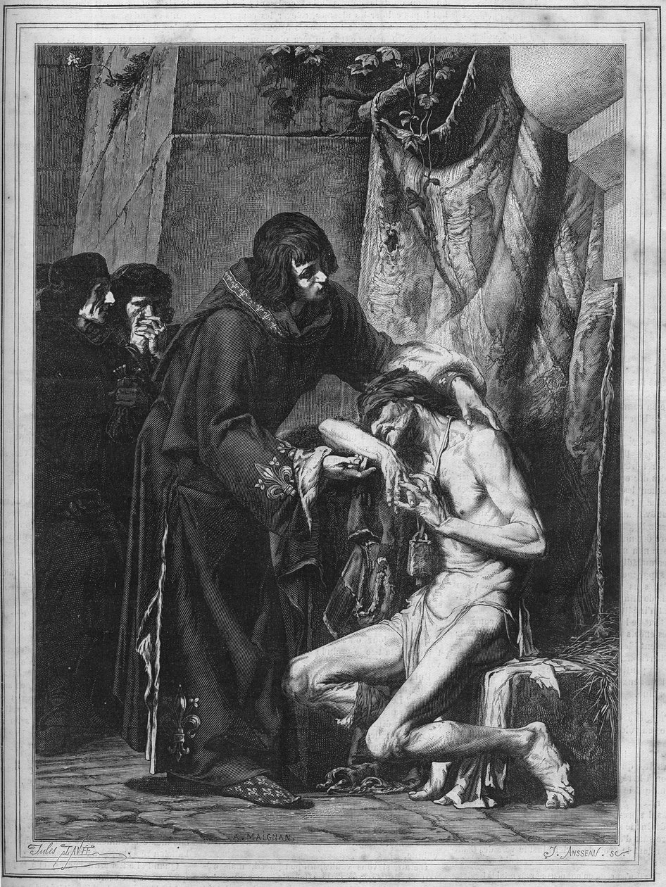 Ludvig IX tröstar en spetälsk: Frankrikes kung Saint Louis (1214-1270) och en sjuk person under ett utbrott av spetälska. Gravyr från 1878 från målningen av Albert Maignan (1845-1908). av Albert Pierre René (after) Maignan