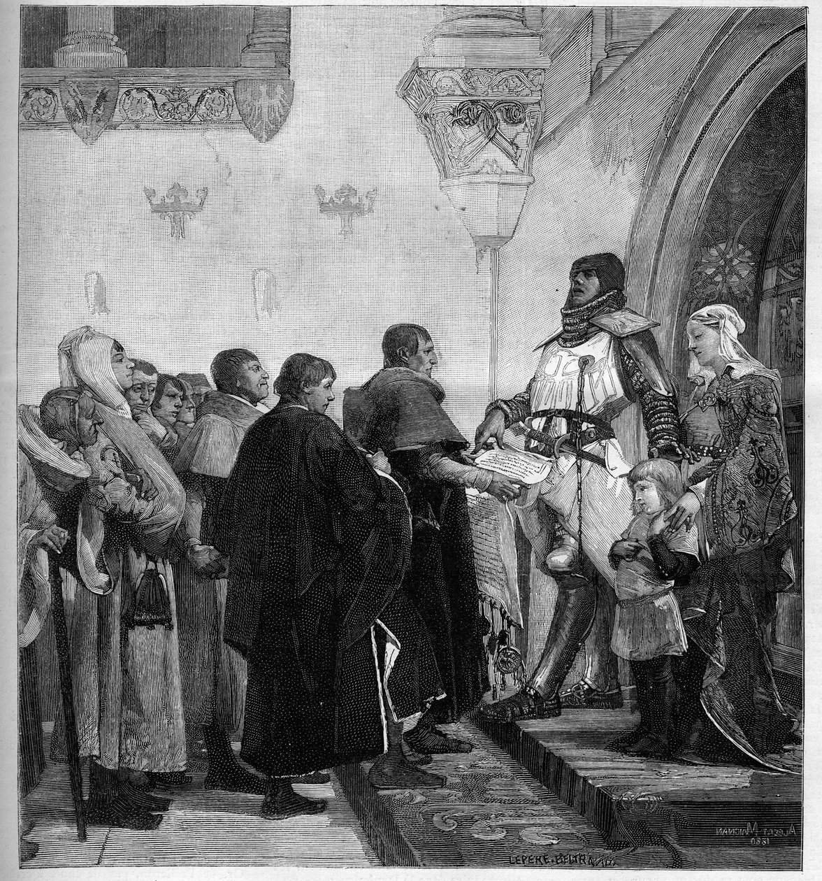 Renaud av Bourgogne ger medborgarna i Belfort portobrevet. Behövde pengar för att föra sitt krig mot kejsar Rodolphe I av det heliga riket, Renaud de Bourgogne (död 1321) befriade staden Belfort 1307, med hjälp av av Albert Pierre Rene Maignan