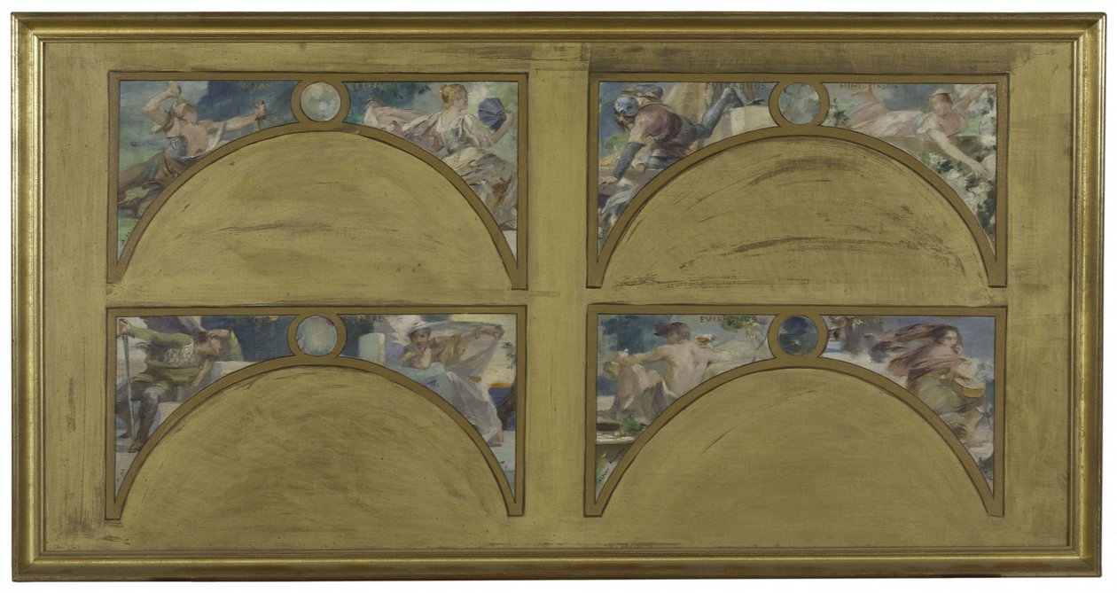 Skiss till Salon des Lettres i Paris stadshus: de stora litterära verken (La Chanson de Roland, Le Misanthrope, Eviradnus, Mimi Pinson, Le Cid, Phèdre, Pantagruel, La Cigale), cirka 1890 (olja på svart tusch på duk) av Albert Pierre Rene Maignan