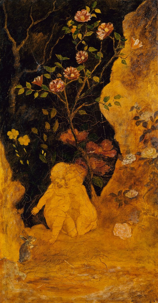 Panel för en skärm: Barn som blir skrämda av en kanin av Albert Pinkham Ryder