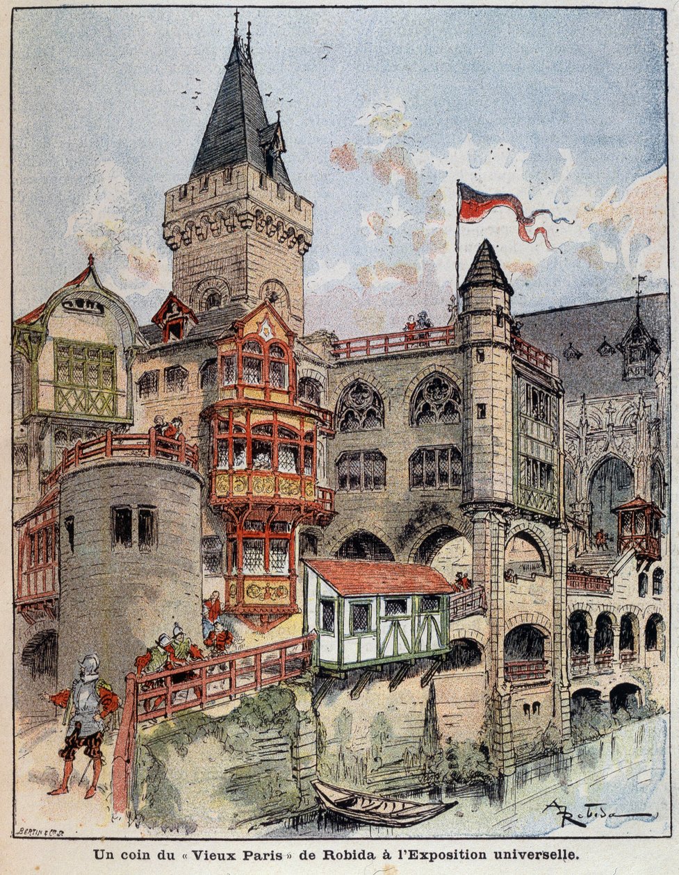 Ett hörn av Robidas "Gamla Paris" på världsutställningen. Omslag "" Den lille fransmannen illustrerad"" av 1900-05-26. av Albert Robida