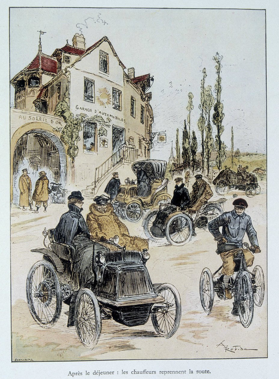 Efter frukost återvänder förarna till vägen: början på motortransport med Robida av Albert Robida