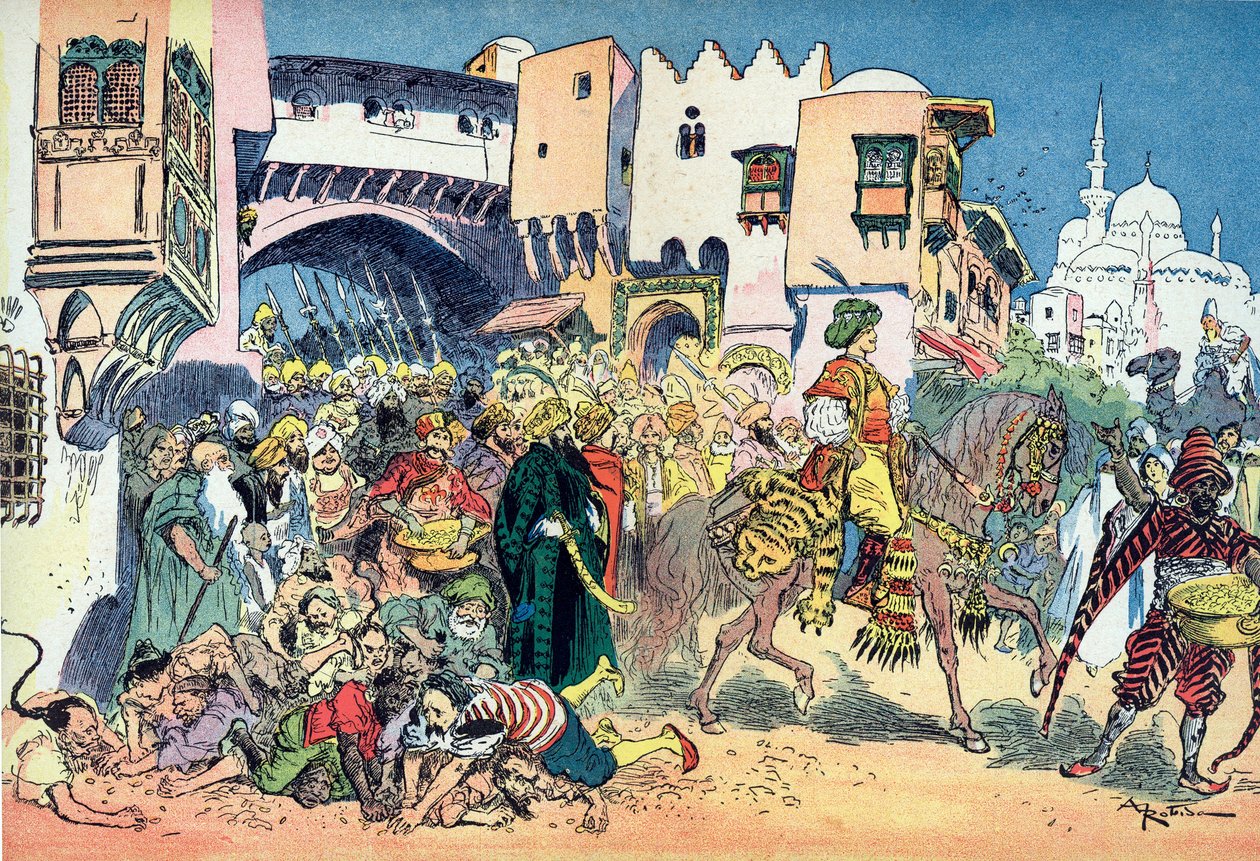 Aladdin rider genom stadens gator och kastar pengar runt honom Illustration av Albert Robida (1848-1926) till berättelsen "Aladin och den underbara lampan" i "" les mille et une nuits" (Illustration till sagan "" Aladdin" ” i ”The Book of One Tho av Albert Robida
