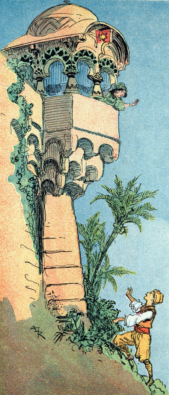 Aladin hittar sitt palats och sin fru Illustration av Albert Robida (1848-1926) till berättelsen "Aladin och den underbara lampan" i "" les mille et une nuits"" i "The Book of One Thousand One Nights eller" The Arabian Nights ” av Albert Robida