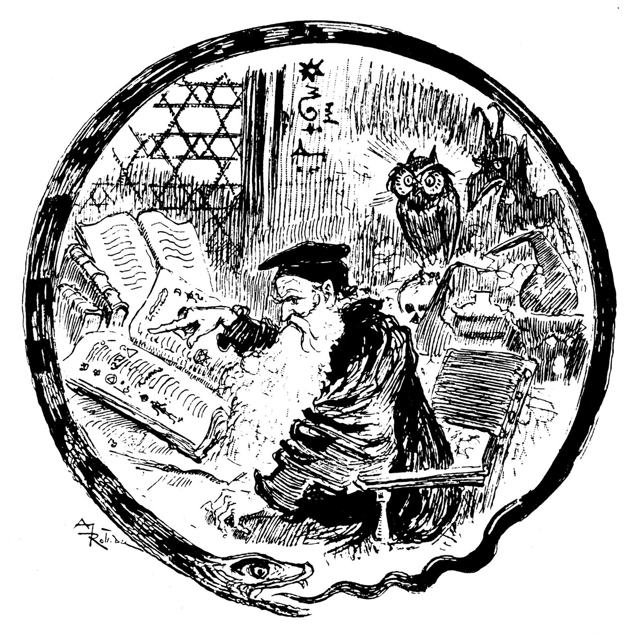 Alkemist konsulterar sina grimoires (magiska - kabalistiska formler) under ögonen på en uggla och en demon - bildens ram är formad av en orm som biter i svansen - Lettrin som bildar bokstaven O - illustration av Albert Robida (1848-1926) för ett kapitel h av Albert Robida
