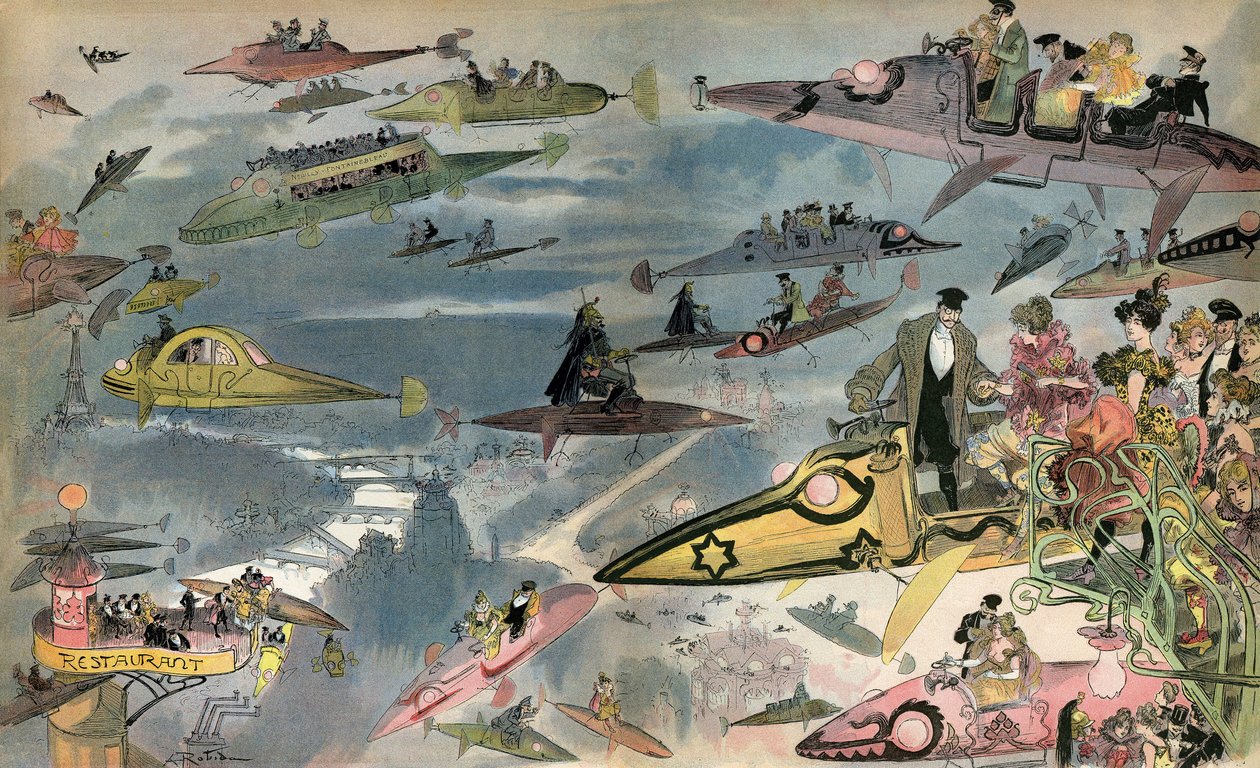 Förväntan: släppet av Parisoperan 2000, sett av designern Albert Robida 1900. Parisare cirkulerar genom alla typer av luftfarkoster. av Albert Robida