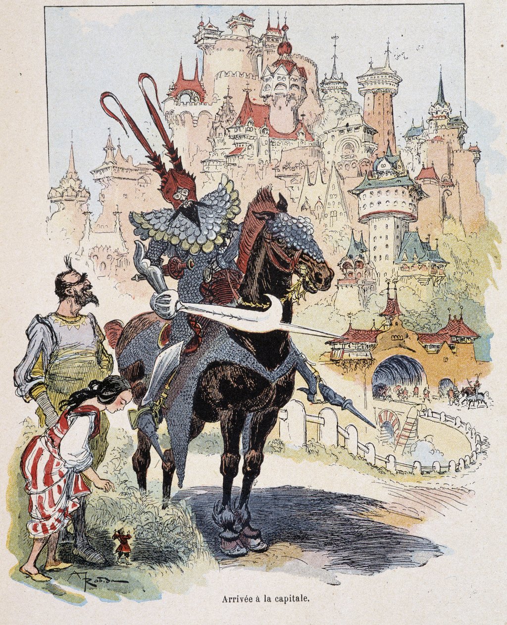 Ankomst till huvudstaden - i "" Gulliver Voyages"" av Swift, ill. av Robida av Albert Robida