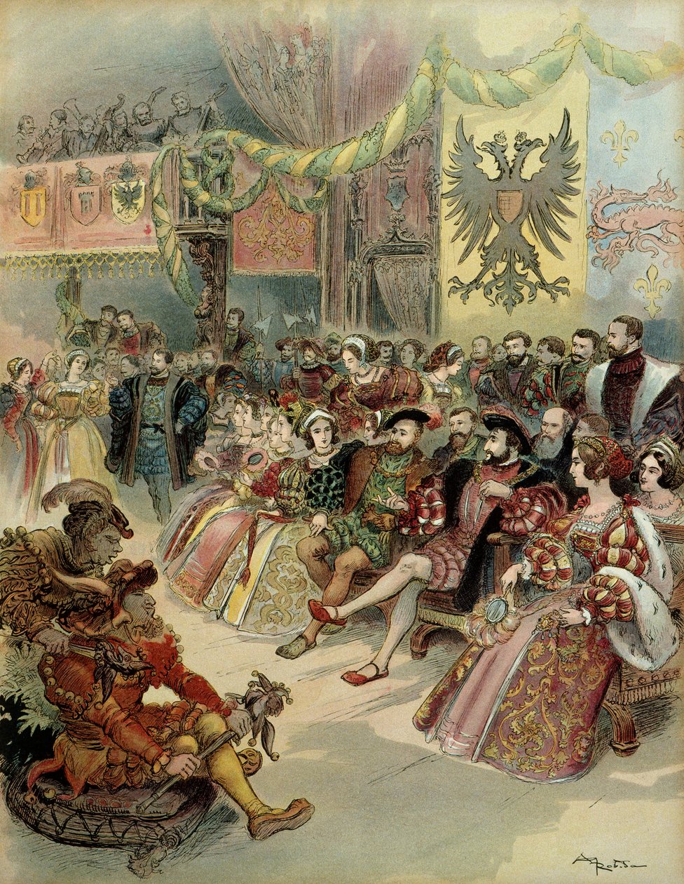 Bal vid hovet till kungen av Frankrike, Francois 1st (1494-1547), med närvaro av Karl V (1500-1558), kung av Spanien och kejsare av det heliga romerska riket Germanic, i slottet Fontainebleau, 1539. Illustration av Albert Robida