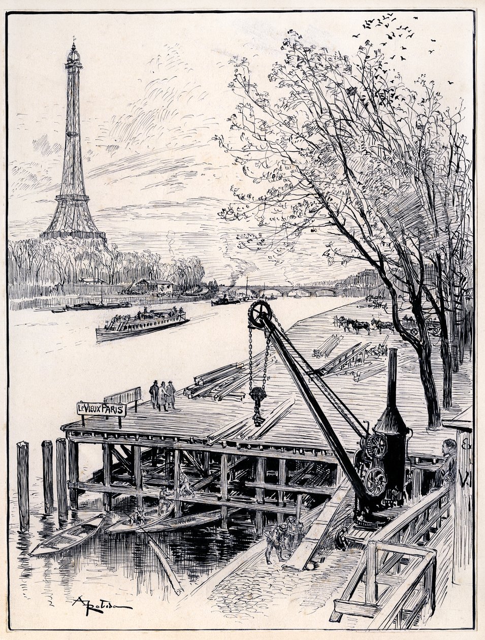 Inledande av byggnadsarbetet för den arkitektoniska återuppbyggnaden av Gamla Paris medeltida, vid Seine, inför världsutställningen 1900 av Albert Robida