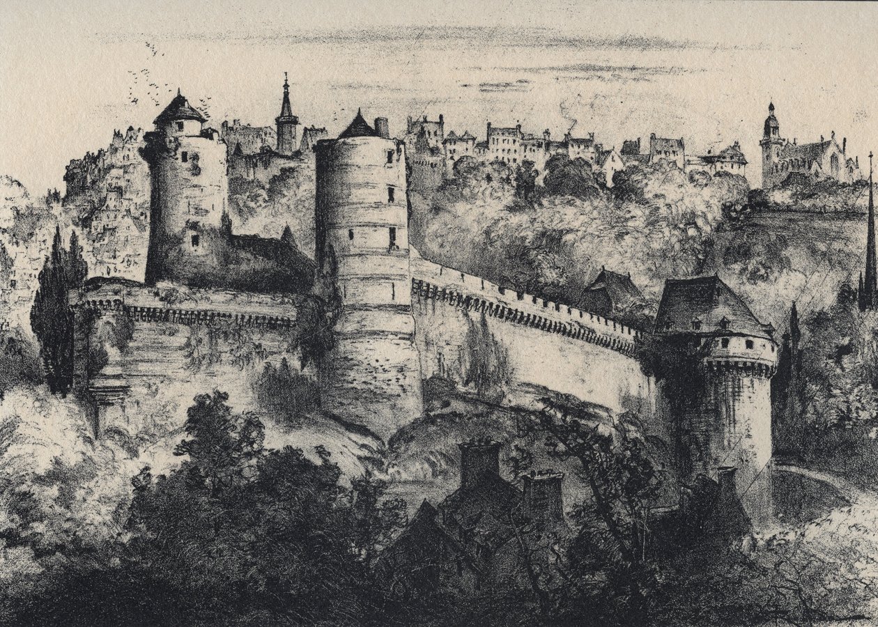 Chateau de Fougeres - slottsfort i departementet Ille-et-Vilaine. Gamla Frankrike - Bretagne - text, teckningar och litografier, av Albert Robida (1848-1926) odaterat slutet av 1800-talet av Albert Robida