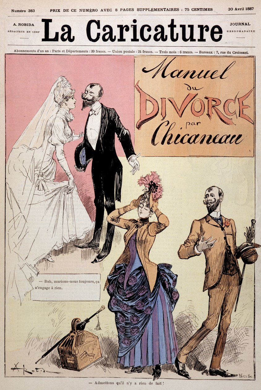 Par gifte sig sedan skilsmässa, "" Le Manuel du divorce"" av Chicaneau, illustration av Albert Robida (1848-1926), omslag. ""Karikatyren"", 1887-04-30. av Albert Robida