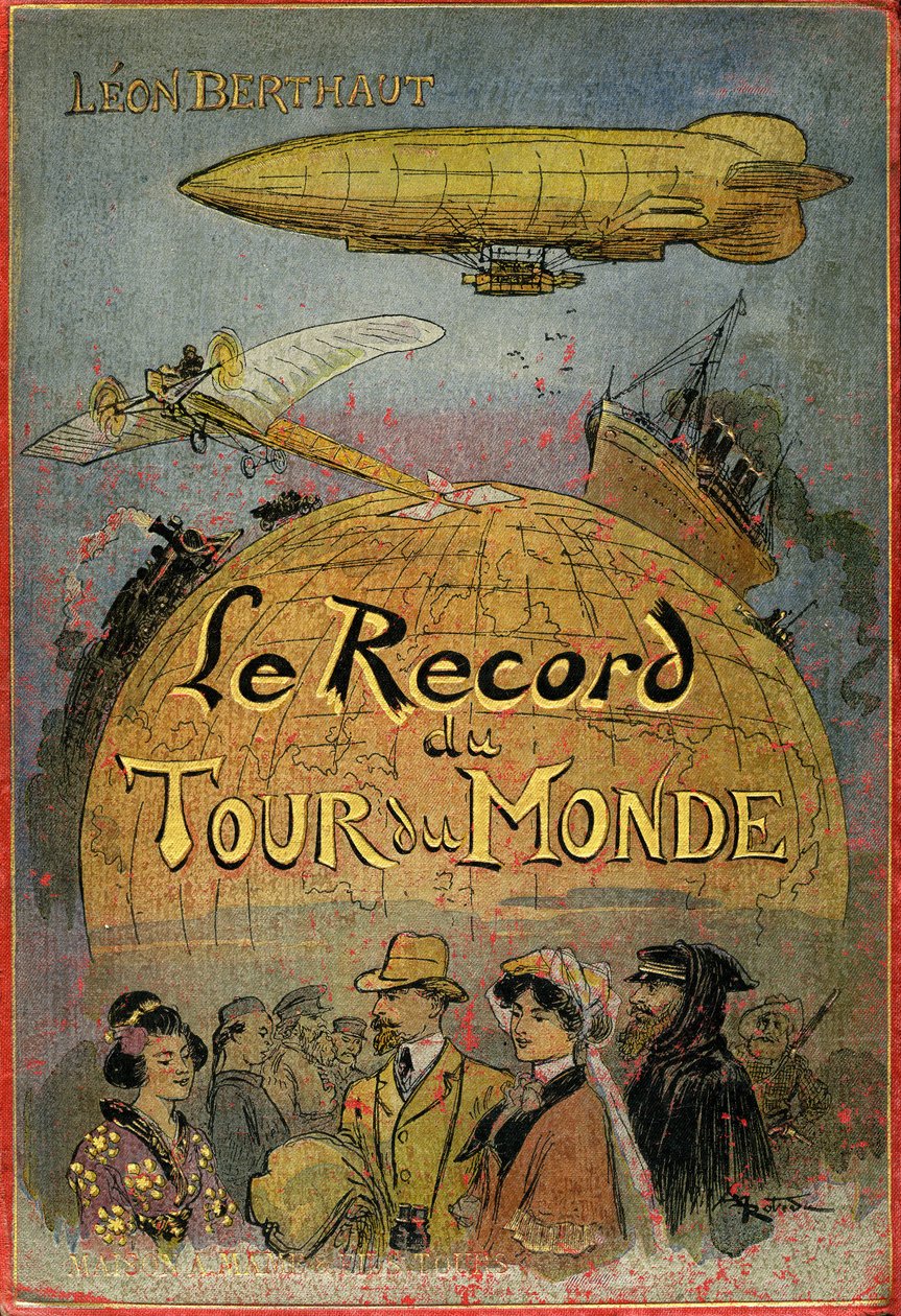 Omslag illustrerad av Albert Robida (1848-1926) till Leon Berthaults bok "Le record du tour du monde", upplaga Mame debut 20eme century (1911) - Detta är en "julesvernerie" äventyrsroman starkt inspirerad av Jules Vernes och hans verk "" Utöver det vanliga av Albert Robida