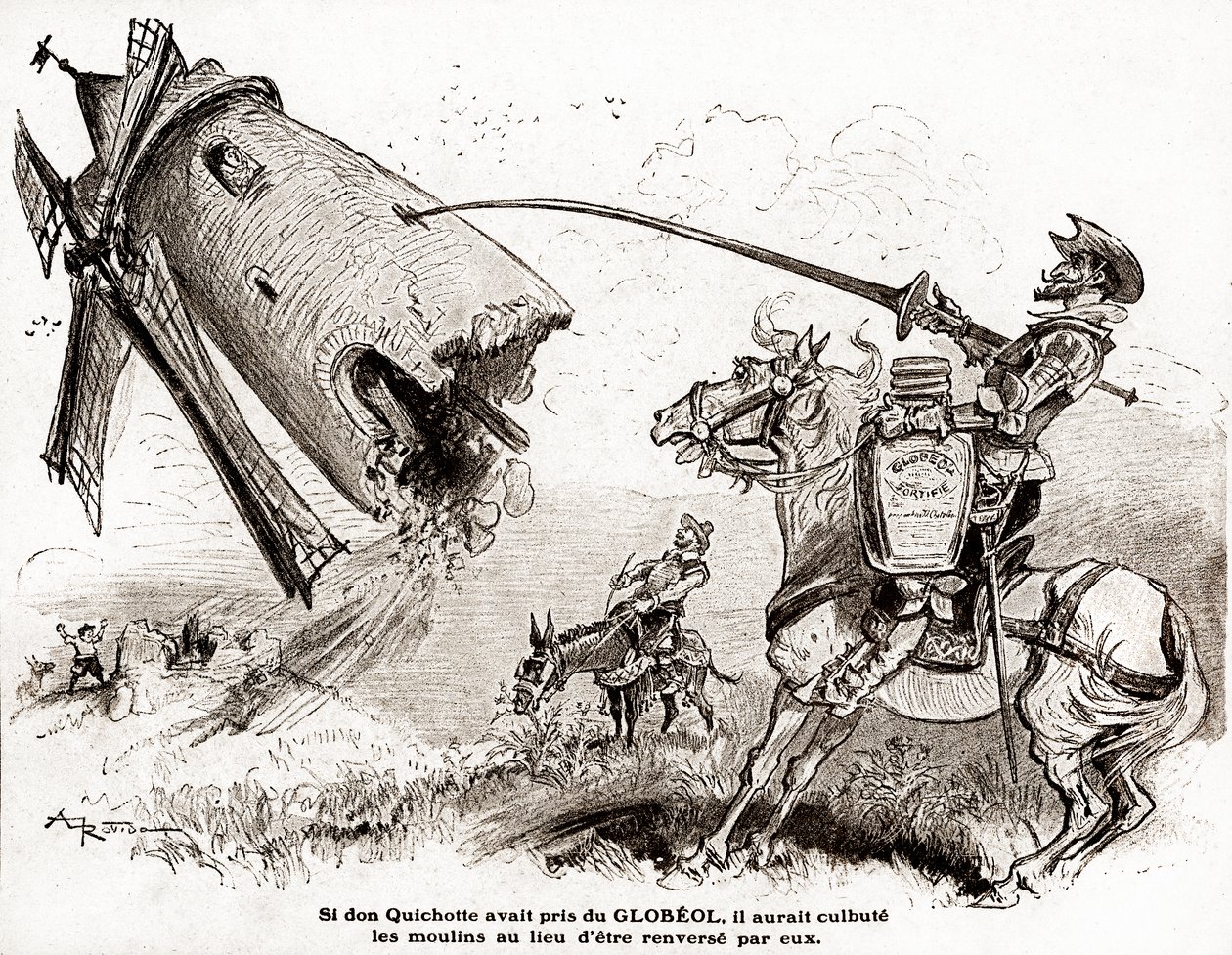 Don Quijote för en reklam för den befästande Globeol, omkring 1916 (illustration) av Albert Robida