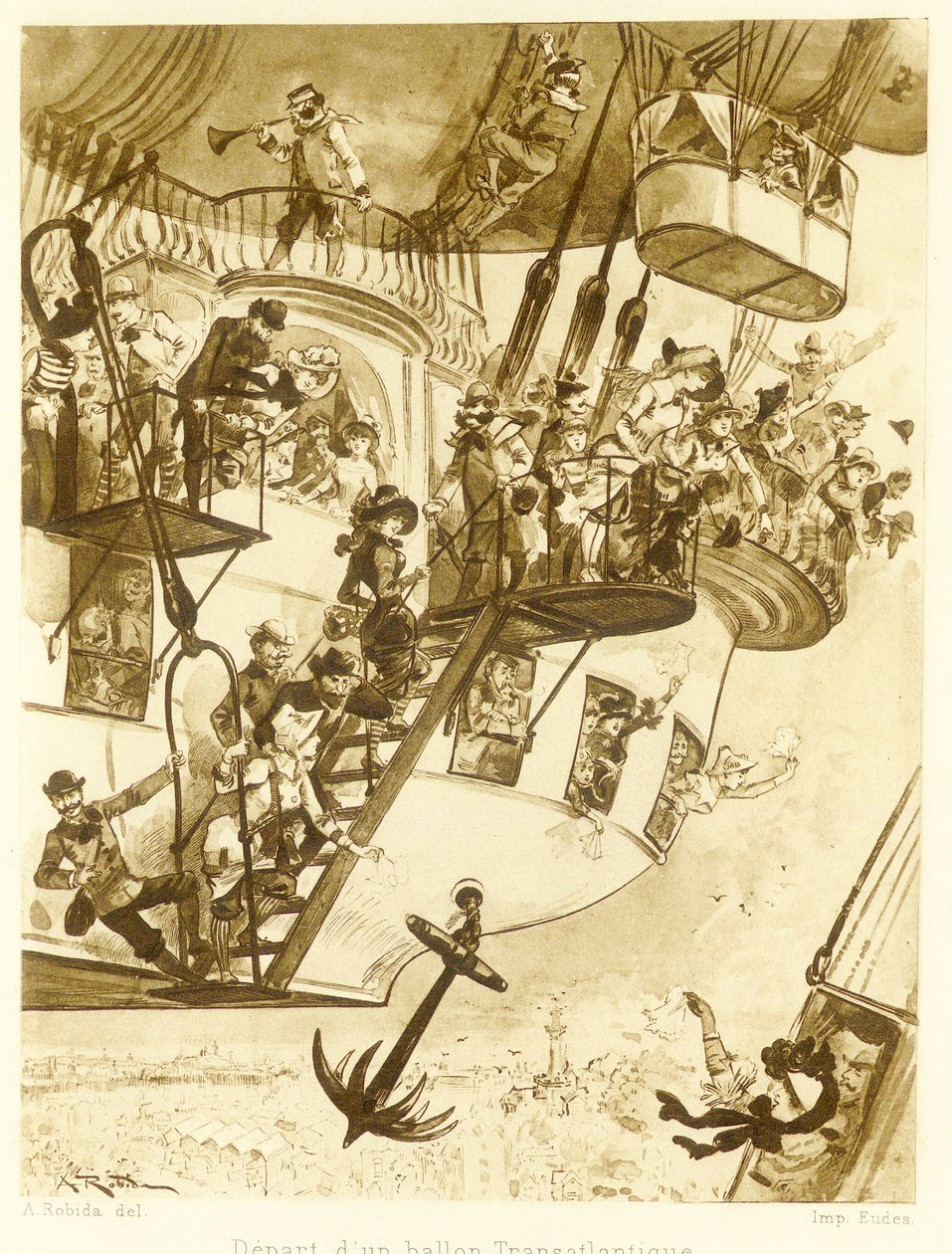Avgång av en transatlantisk ballong, från Le Vingtieme Siecle, pub. 1883 av Albert Robida