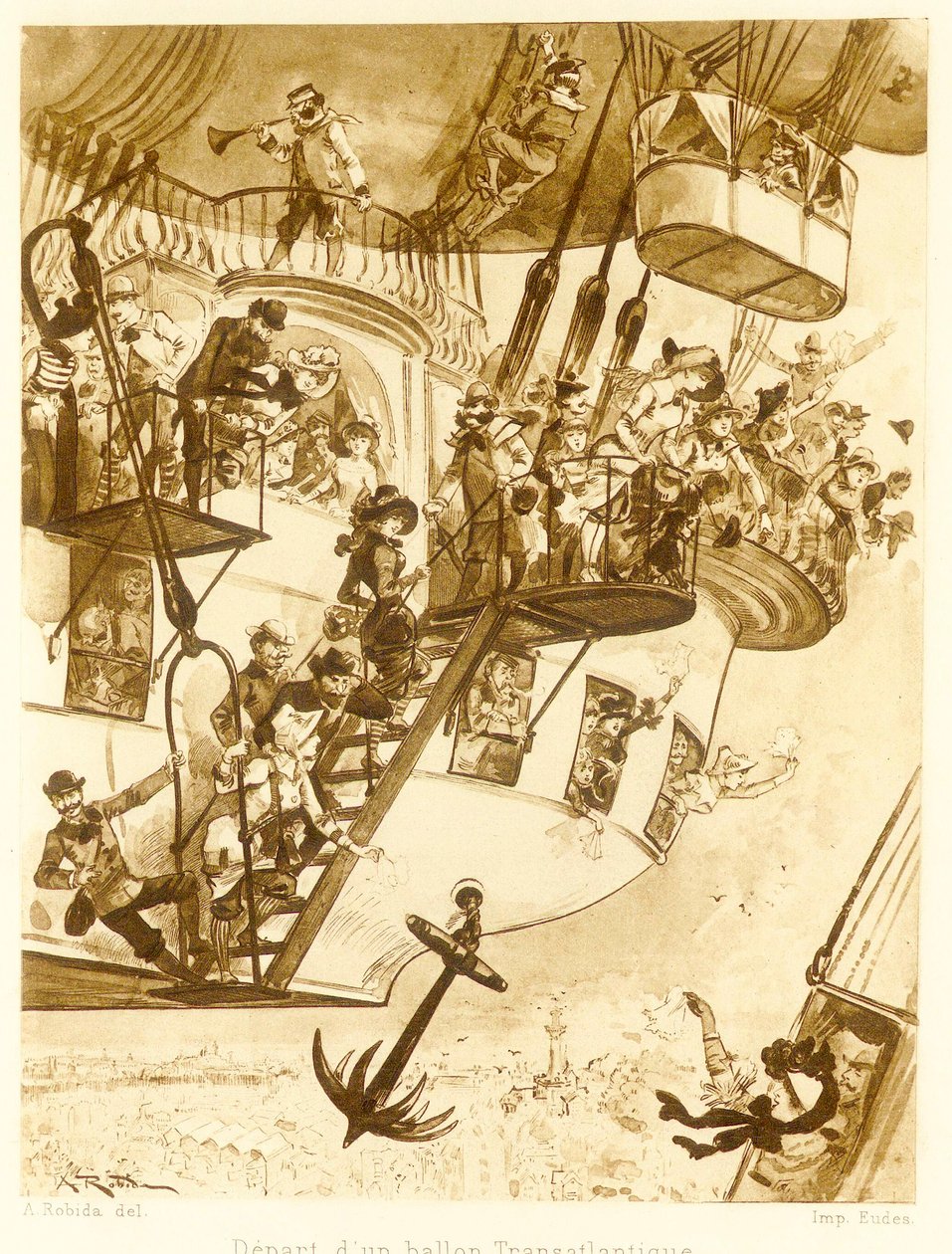 Avgång av en transatlantisk ballong, från Le Vingtieme Siecle, pub. 1883 litografi, 1883. av Albert Robida