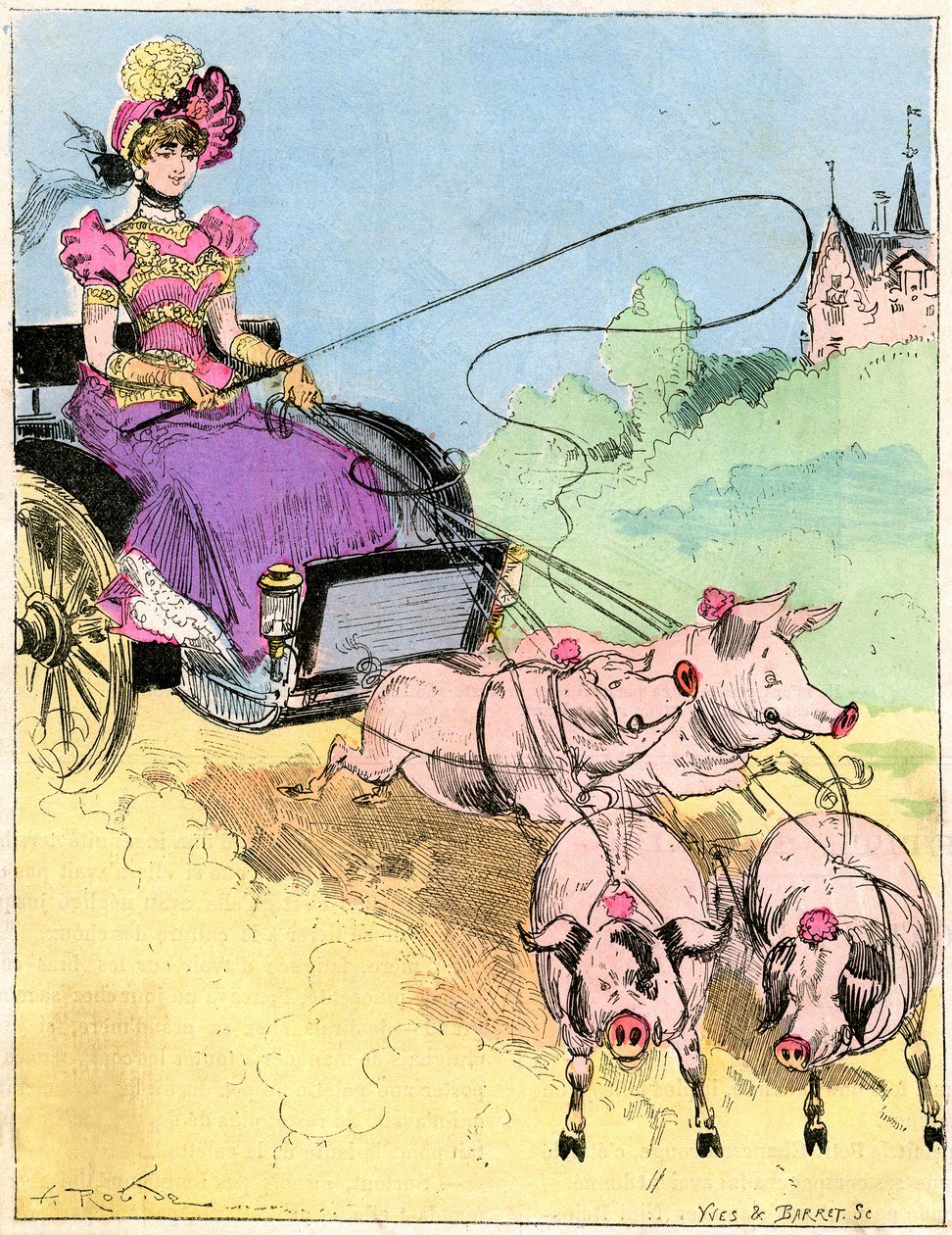 Teckning av Albert Robida (1848-1926) på omslaget till Comique World n°296 (tidigt 1900-tal) - Nytt mycket elegant drag för små utflykter på landsbygden - Ung kvinna som kör en grisvagn (grisar) - av Albert Robida